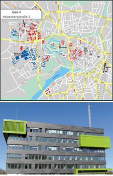 Oben: Lageplan der Universität Münster; unten: Seitenansicht des GEO 1 Gebäudes